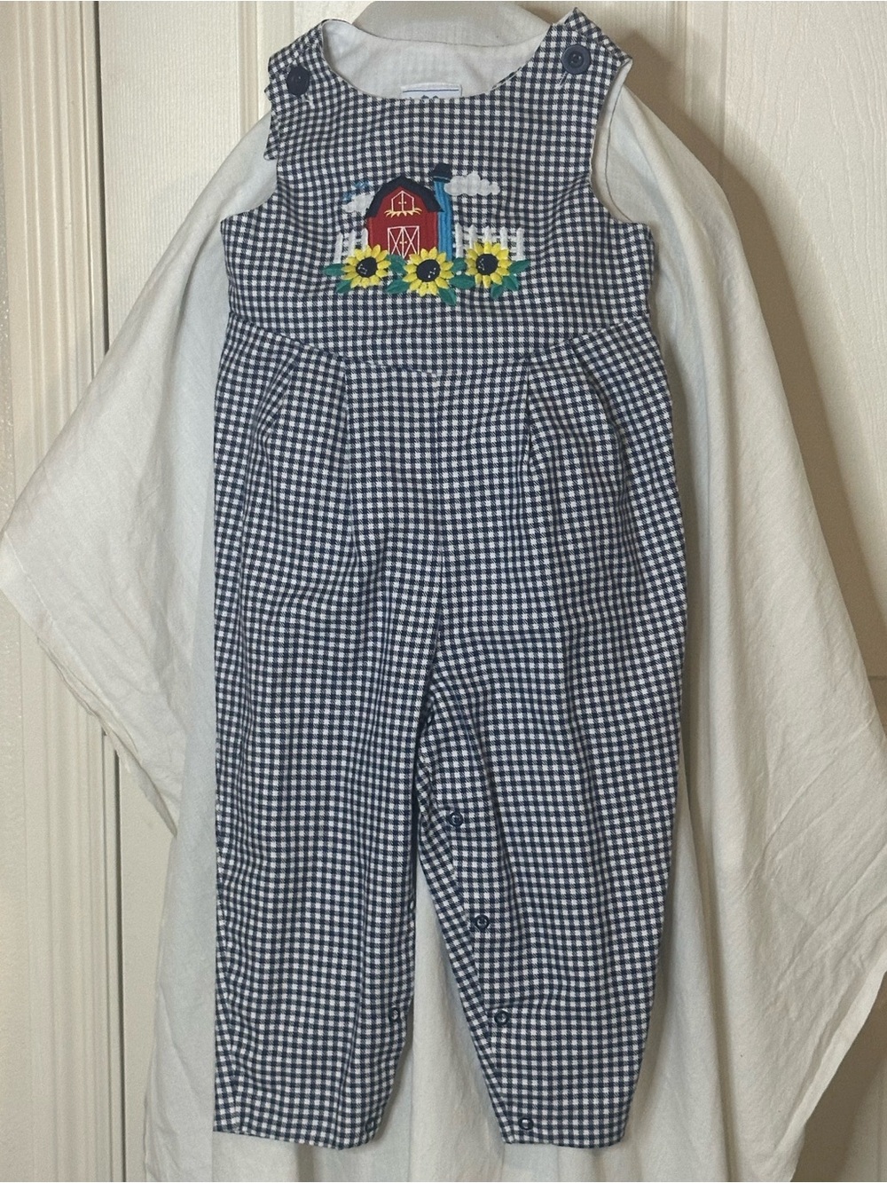 FAST FRIENDS Navy Gingham Overalls with Barn & Sunflower Motif